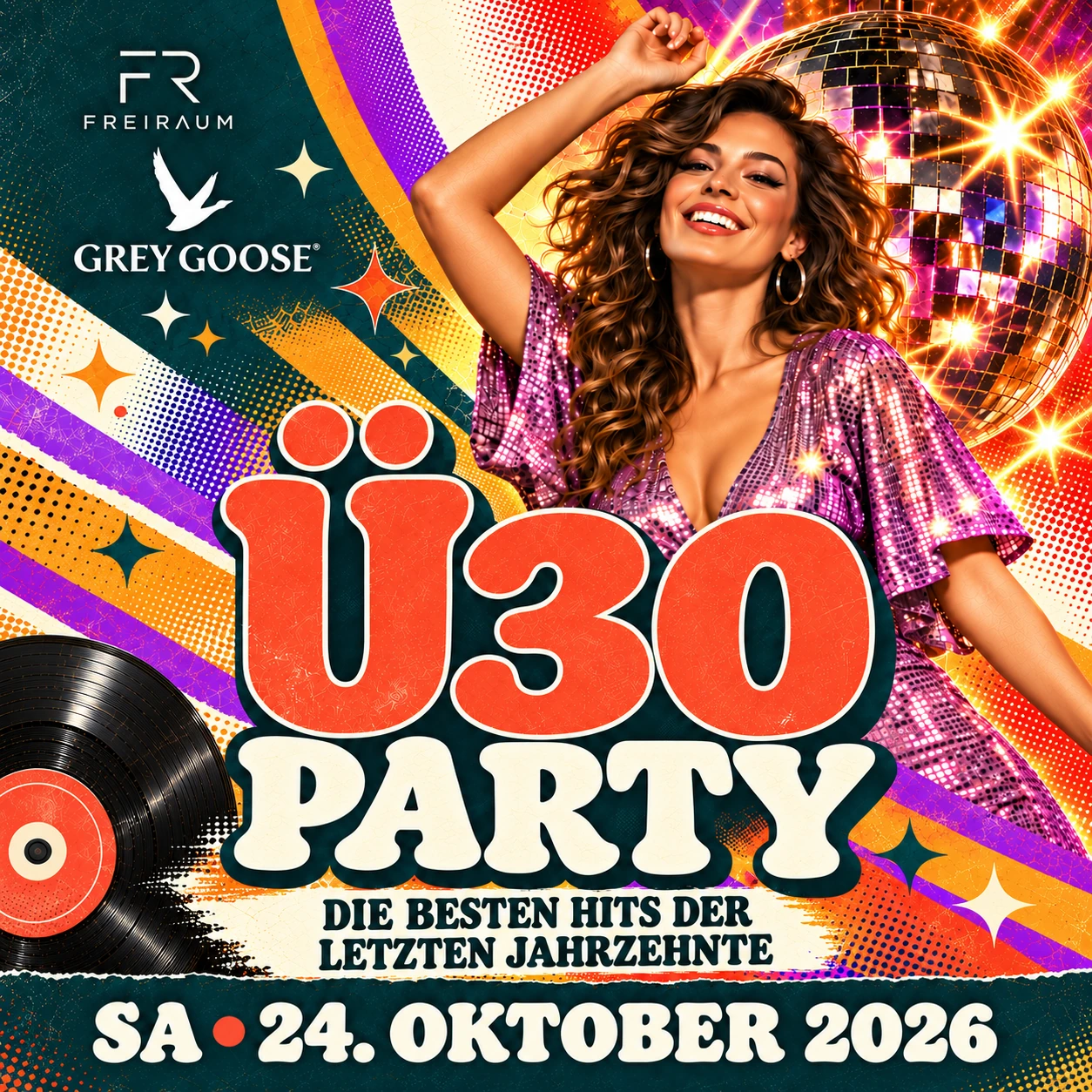 Flyer zur Freiraum Ü30 Party am 24. Oktober 2026: Die besten Hits der letzten Jahrzehnte