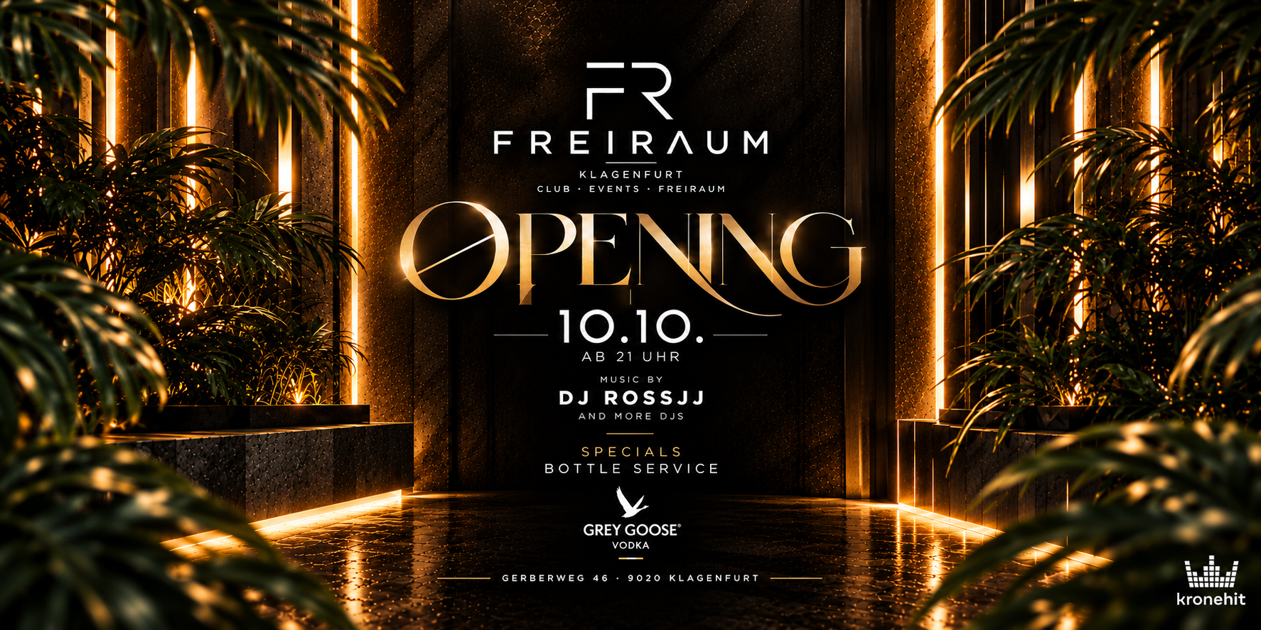 Freiraum Klagenfurt Opening am 10.10. ab 21 Uhr. Music by DJ Ross JJ and more DJs. Specials: Bottle Service. Gerberweg 46.